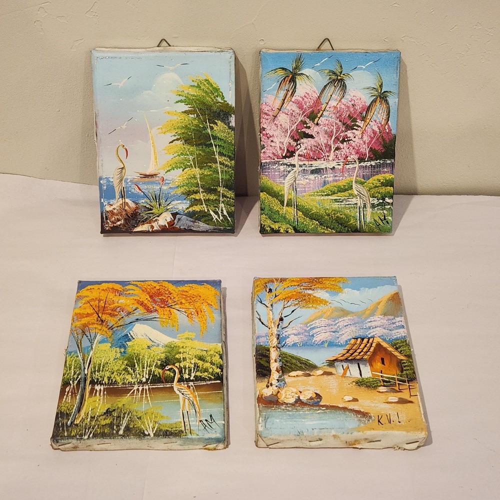 Acrylic Painted Canvas Signed By Artist Birds Ocean Palm Trees. Set Of 4